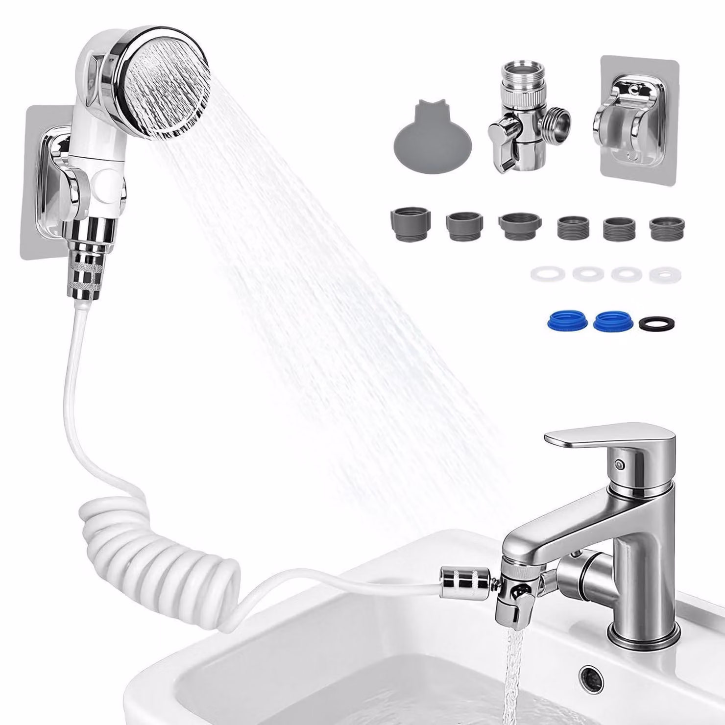 Rubinetto da bagno con tubo flessibile e supporto, 3 modalità, funzione di arresto, tubo inPoliuretanoda 1,5 metri, universale per rubinetti da 20-24 mm