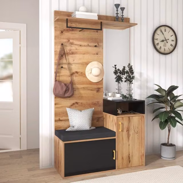 Mobile ingresso con specchio; scarpiera; 4 ganci e panca; 105x40x191;5 cm; nero e legno