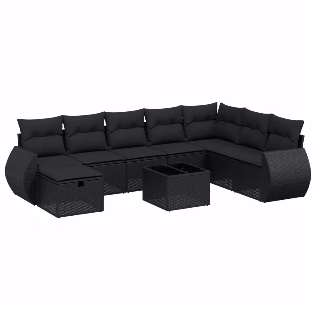 vidaXL Set Divani da Giardino a L 9 pz con Cuscini e Tavolino Nero in Polyrattan e Acciaio – 2