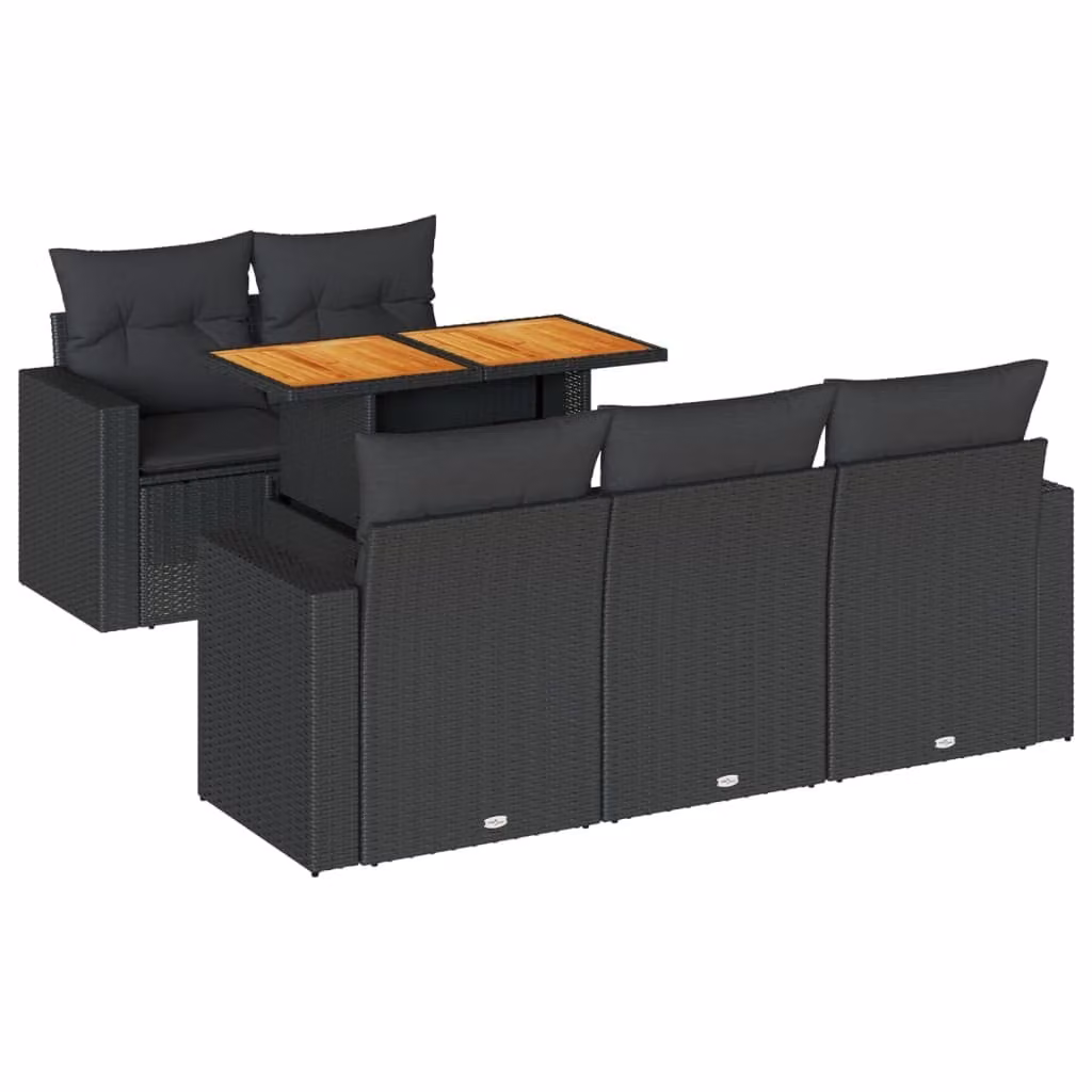 Set Divano da Giardino 6 pz con Cuscini Nero in Polyrattan