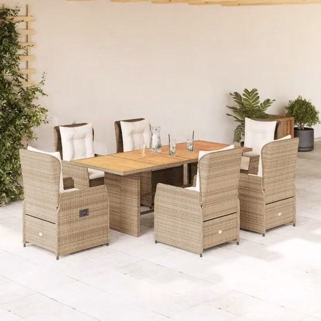 Set da Pranzo da Giardino vidaXL in Polyrattan con Cuscini Beige e Bianco e Tavolo in Legno di Acacia, 7 Pezzi
