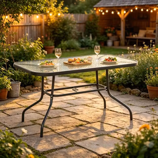 Elegante tavolo da patio, tavolo rettangolare da esterno, tavolo da pranzo con foro per asta ombrellone (solo tavolo, ombrellone non incluso)