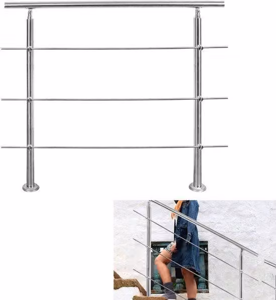 Set di ringhiera per scale con 3 traverse in acciaio inossidabile, lunghezza 100 cm, colore argento. Set di ringhiera per scale facile da installare, adatto a tutti i tipi di scale