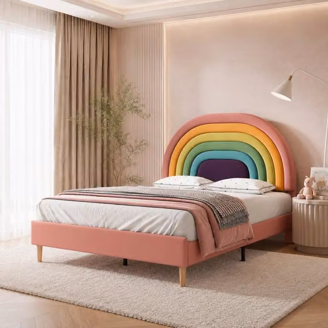 Letto imbottito 140x200 in velluto rosa con testiera regolabile