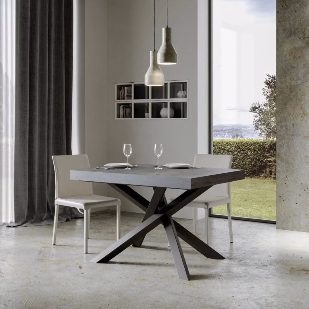 Tavolo allungabile moderno Volta con piano effetto cemento e telaio in metallo antracite L/P: 90 x 140/244 cm – 2