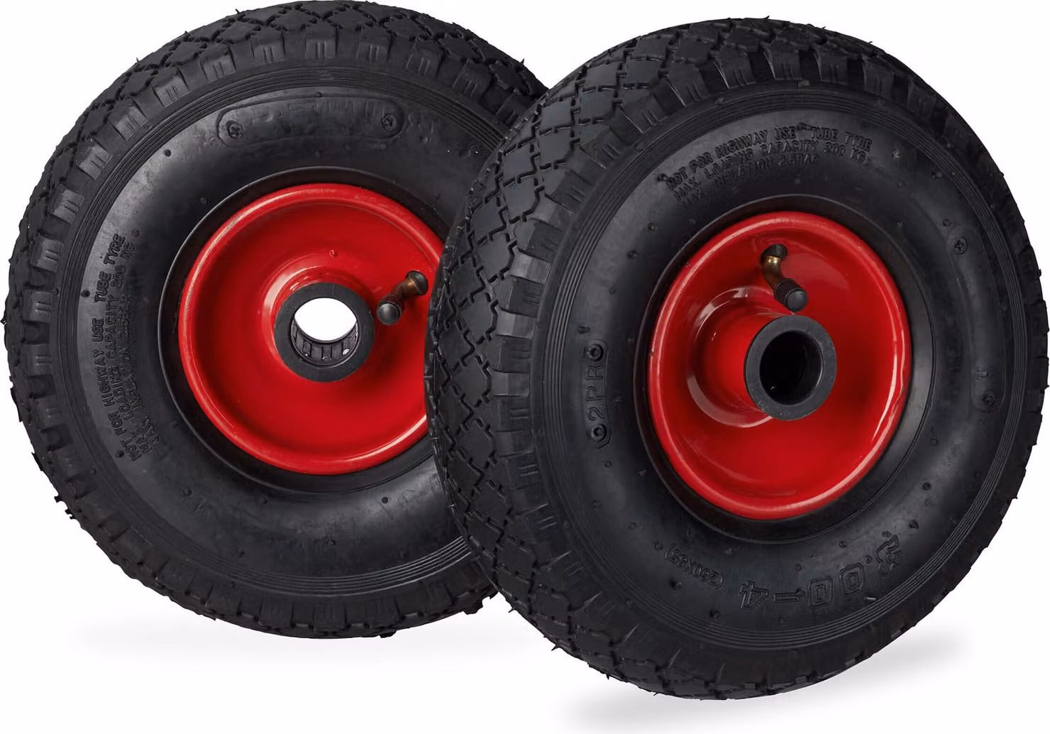 Set da 2 ruote per carrello a mano Relaxdays, 3.00-4, ruota completa con pneumatico e cerchio in acciaio, diametro dell'asse 25 mm, nero-rosso
