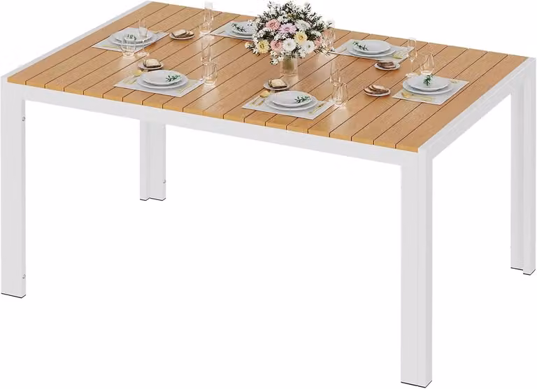 Tavolo da giardino in alluminio - Tavolo da esterno rettangolare - 140 x 90 x 75 cm - Piano del tavolo in WPC - Posti a sedere per 8 persone - Resistente agli agenti atmosferici - Gambe bianche, piano del tavolo color teak