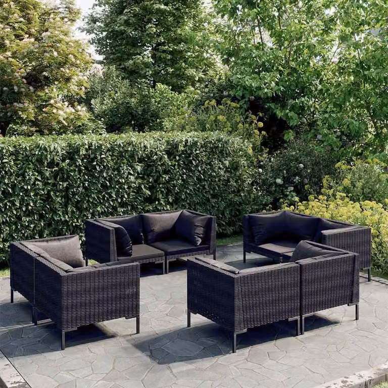 Set da giardino a forma di L vidaXL composto da 8 pezzi con cuscini in schiuma e struttura in rattan e metallo nero e grigio