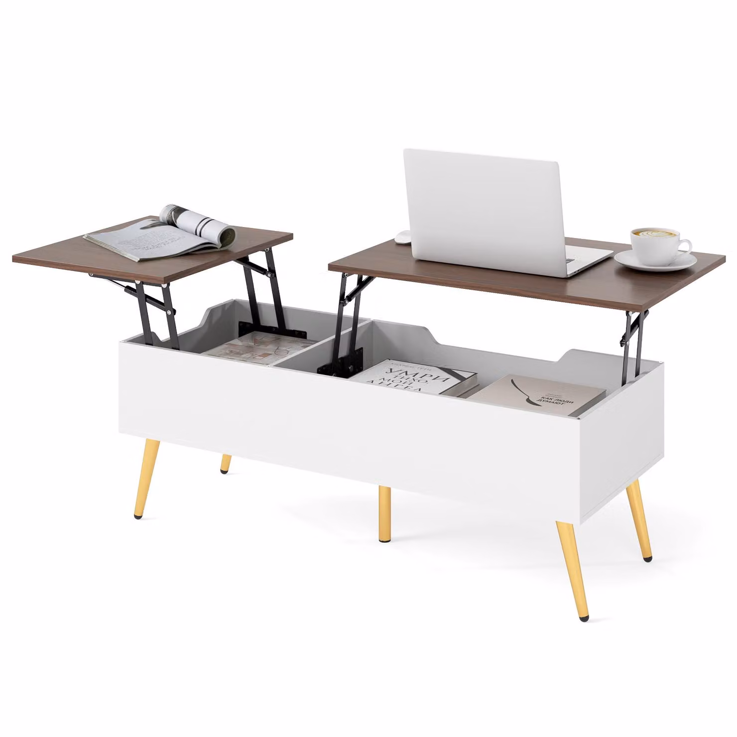 Tavolino COSTWAY con piano sollevabile, tavolino centrale con 2 vani portaoggetti nascosti, tavolo da lavoro ribaltabile con gambe in metallo 111 x 48 x 40-53,5 cm noce