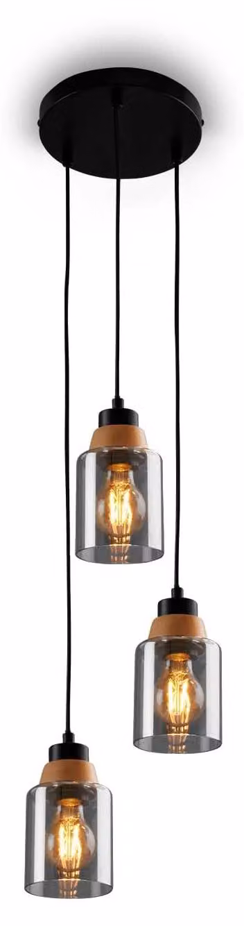 Lampada a sospensione, con legno, vetro fumé, 3xE27/max.