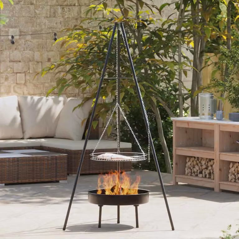 Set di 3 treppiedi da campeggio vidaXL in acciaio nero per cucina all'aperto