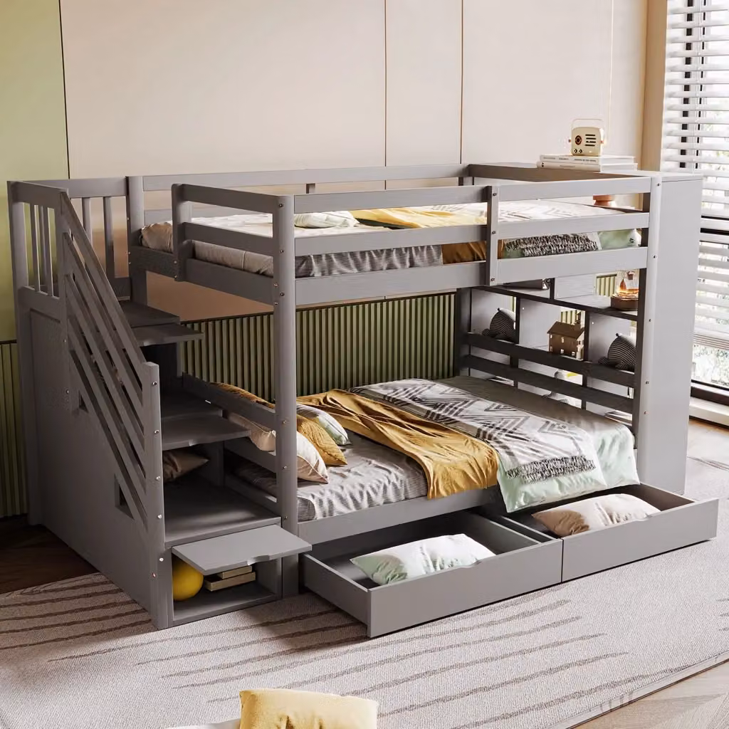 Letto a castello modulare per bambini in legno e metallo grigio con scala contenitore e cassetti L/P/H: 90 x 200 cm – 2