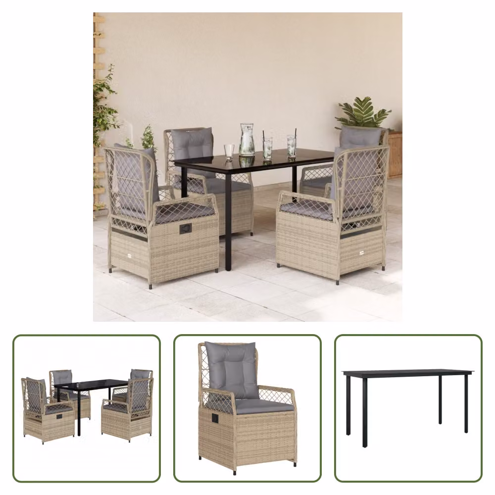The Living Store Set da pranzo da giardino 5 pezzi con cuscini Beige poly rattan