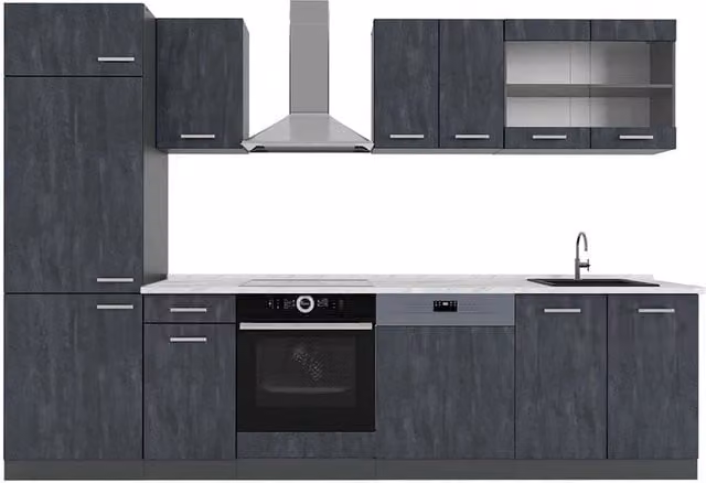 Cucina componibile moderna Vicco R-Line Calce nera e Antracite con piano effetto Marmo, L: 300 cm – 1