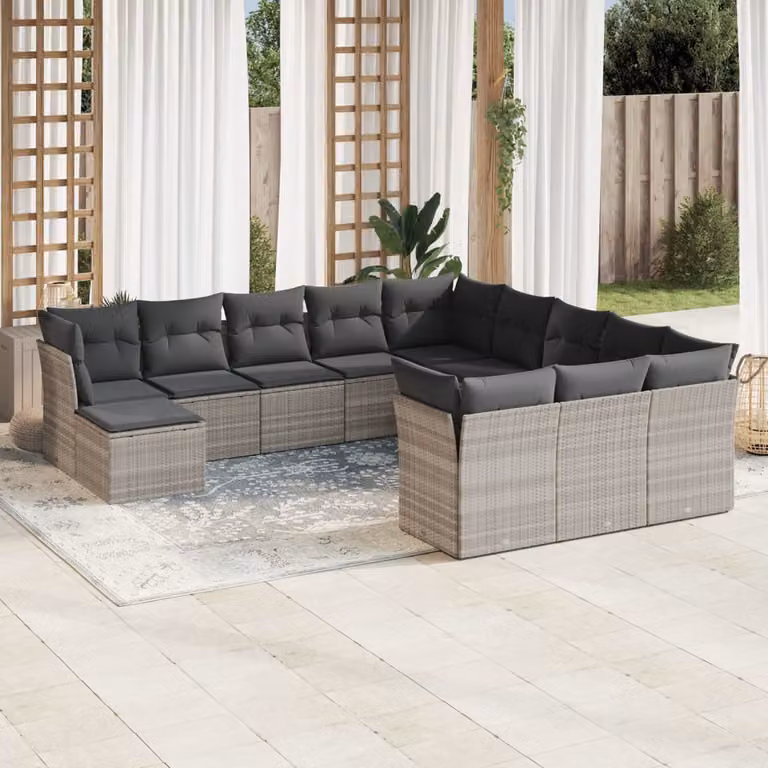 vidaXL Set Divano da Giardino a Forma di U con 12 Pezzi, Polyrattan e Cuscini Grigio