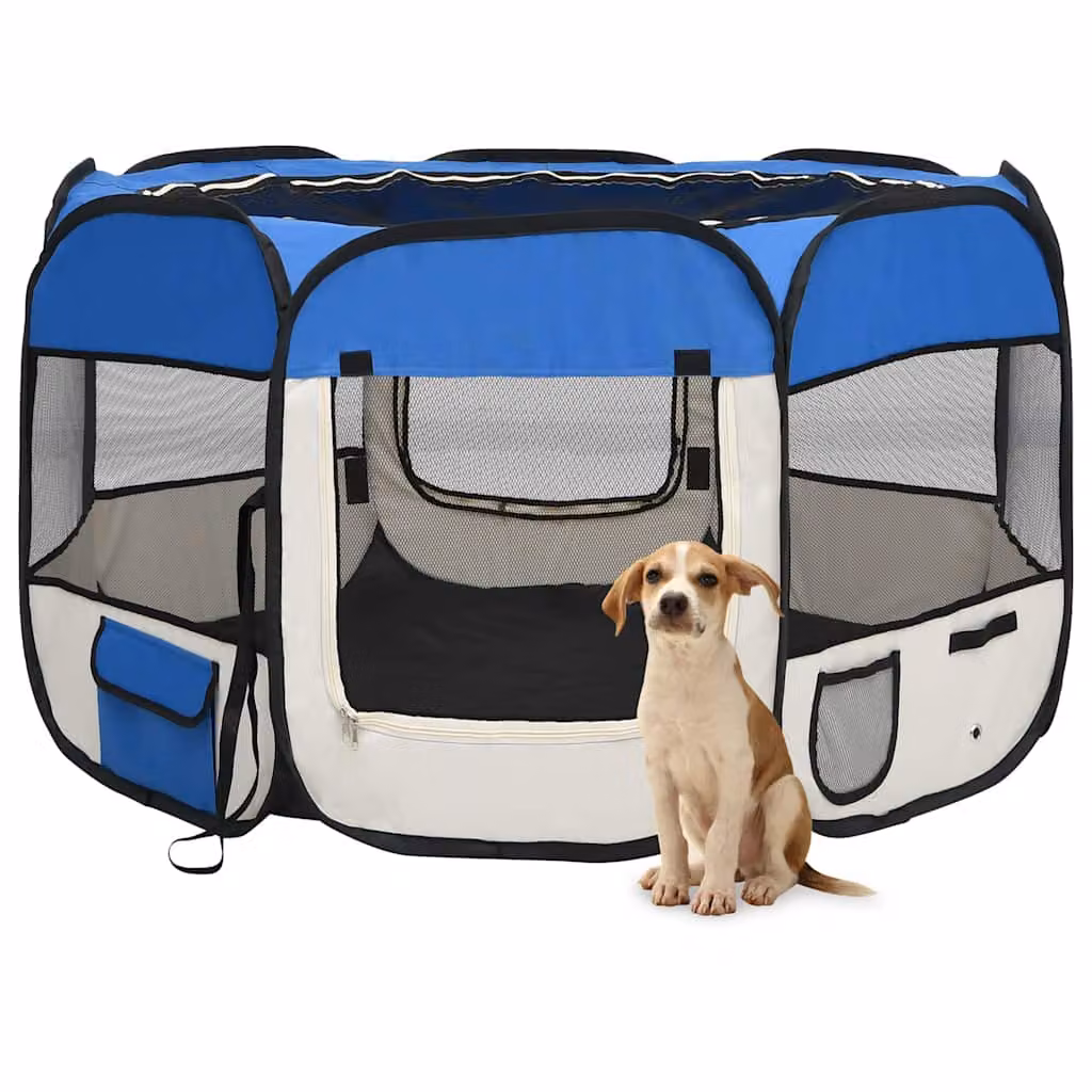vidaXL Box per Cani Pieghevole con Borsa per il Trasporto, Blu, L 110 x P 110 x H 58 cm