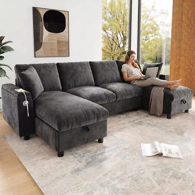 Divano angolare 4 posti modulare a U; 284L x 135P x 84H cm tessuto in ciniglia; chaise longue con contenitore integrato; anta USB e Type?C; grigio