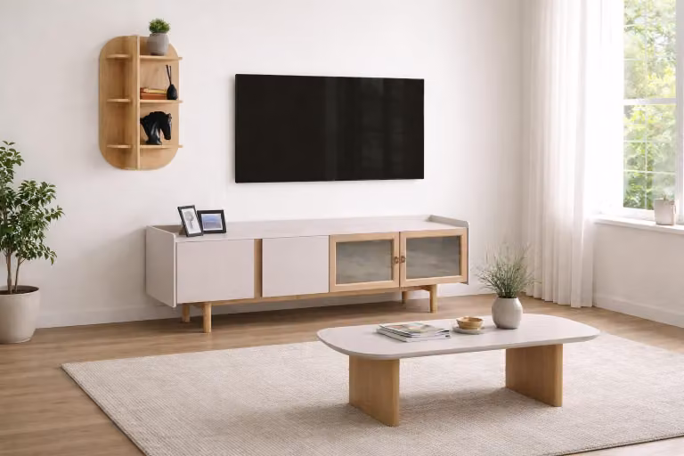 Mobile TV basso moderno, tavolino da salotto e scaffale a muro in stile minimalista