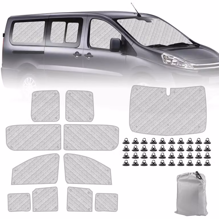 Tappetini termici per l'abitacolo, set da 11 pezzi, per Citroen Dispatch dal 2006 al 2016, versione a passo lungo, con protezione solare e isolamento