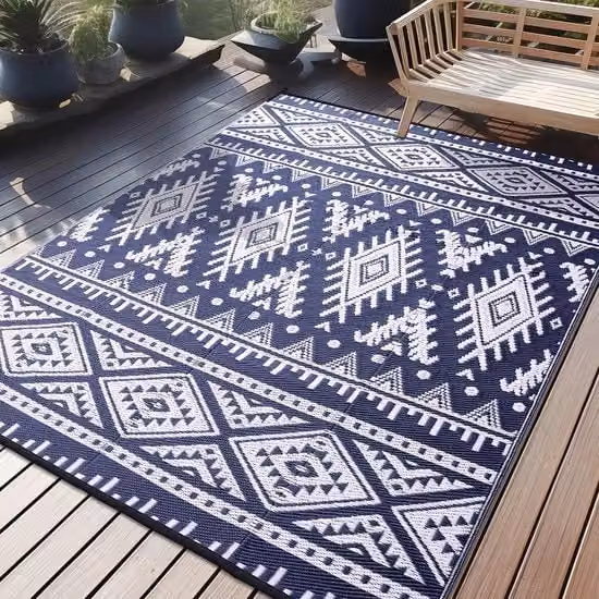 Tappeto Esterno Resistente all'Uso Esterno, Panno Plastico Opiegalabile Lavabile Resistente ai Raggi UV Invertibile Per Balcone Giardino Tappeto per Terrazza Campeggio Picnic (180 x 270 cm, Blu Marino & Bianco)