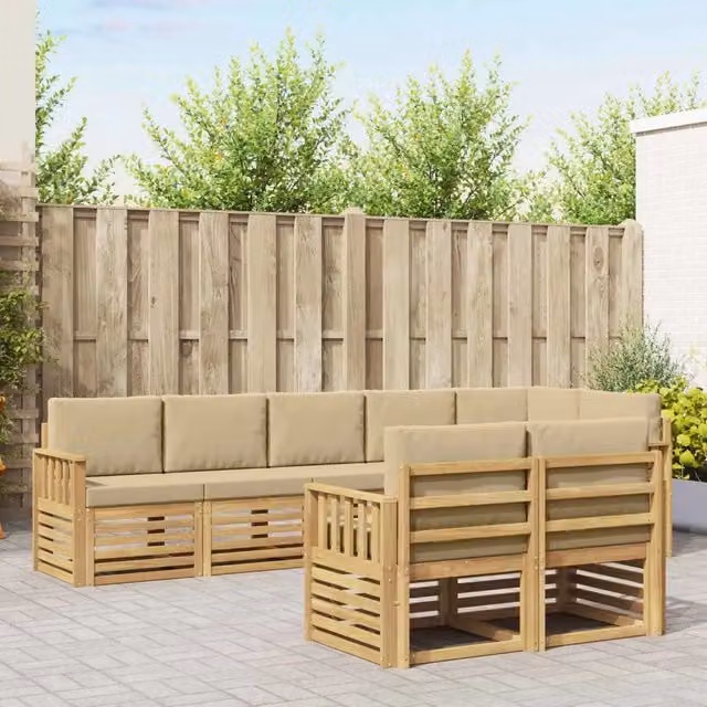 Set di divani da esterno a L vidaXL in legno di acacia con cuscini, Bianco e Beige