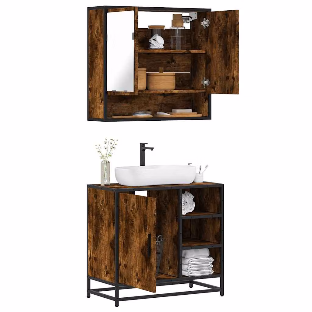 Set Mobili da Bagno Industrial vidaXL 2 Pezzi in Legno e Metallo Marrone con Mobile Lavabo e Armadietto con Specchio