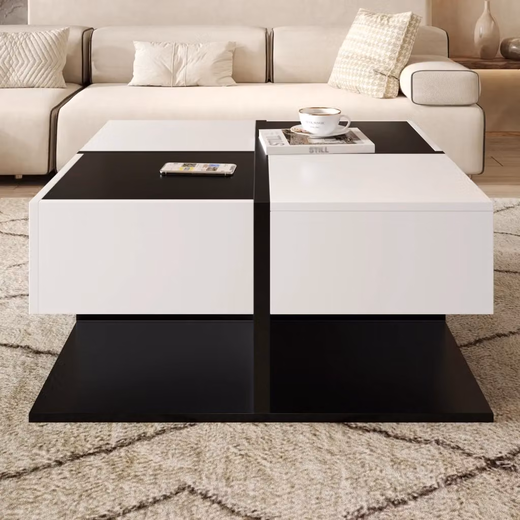 Tavolino da salotto moderno Zephmum con 2 cassetti lucidi nero e bianco L/P/H: 70 x 70 x 35,5 cm – 2