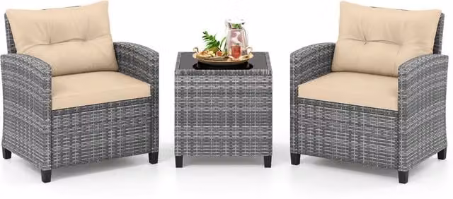 Set mobili da esterno 3 pezzi con vetro temperato morbidi cuscini, Set sedie e tavolo in rattan per balcone veranda e giardino Giallo