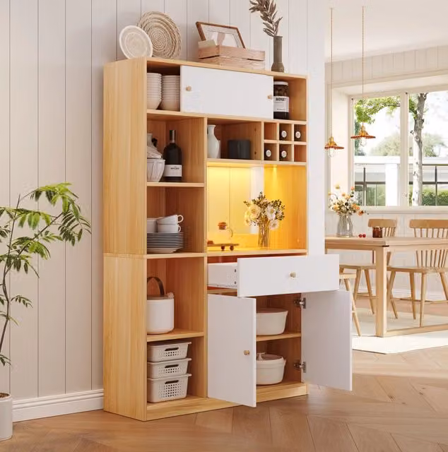 Credenza cucina con LED regolabile; 115x35x180 cm; truciolare; bianco/naturale