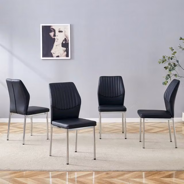 Set di 4 sedie da pranzo MINIMAL in similpelle nera con gambe in metallo argento