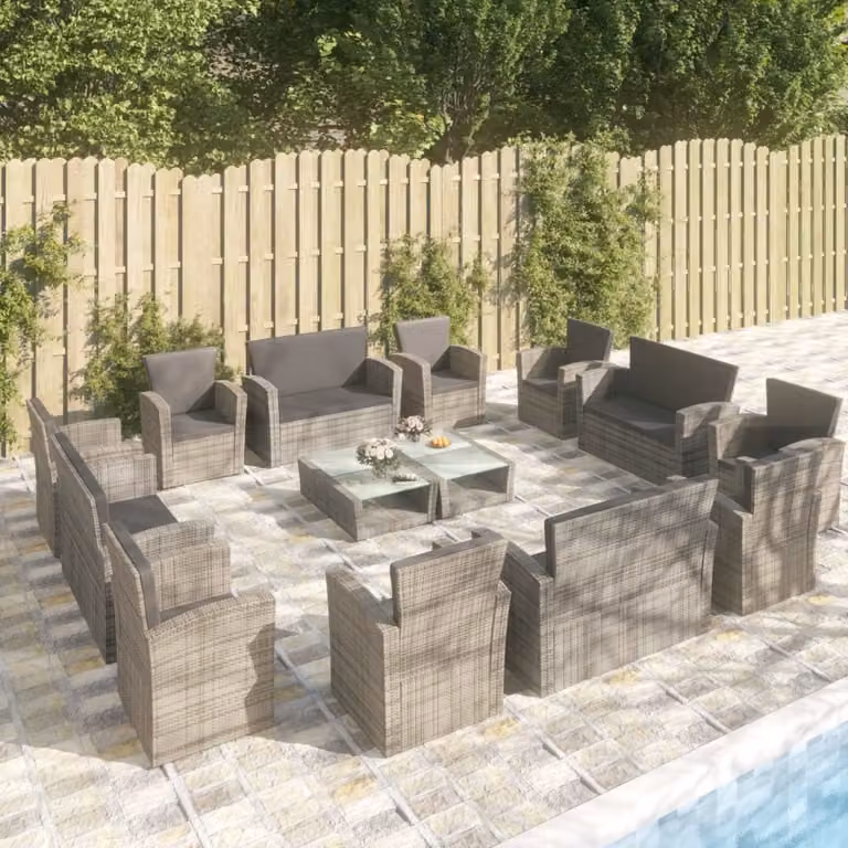 The Living Store Set salotto da giardino da 16 pezzi con cuscini in poly rattan grigio