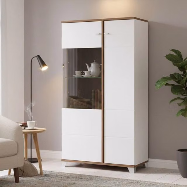 Mobile Espositore Vetrina DMORA con 4 Ripiani e Ante in Vetro, Bianco, H 143 x L 78.5 x P 40 cm – 1