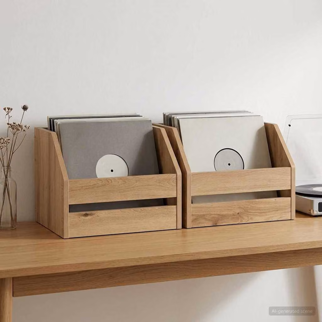 Set di 2 scatole per album in vinile vidaXL in legno color rovere, L: 38,0 cm, P: 30,0 cm, H: 29,0 cm