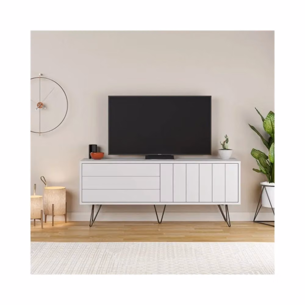 Mobile porta TV Piccadilly con due ante a ribalta, design moderno in legno e metallo, colore bianco, L: 139 cm, P: 36 cm, H: 57 cm – 2