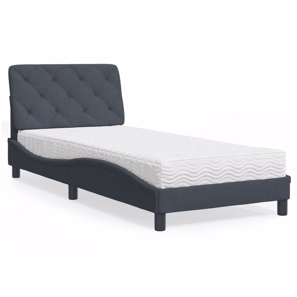 Letto con Materasso vidaXL in Velluto Grigio e Bianco, Dimensioni: 90 x 190 cm – 1
