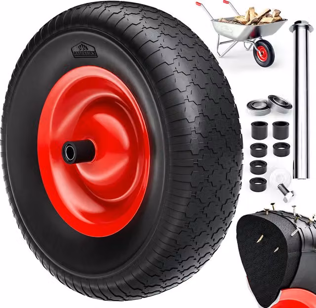 Ruota di ricambio per carriola Gardebruk in PU con componenti in acciaio e plastica, disponibile in nero o rosso