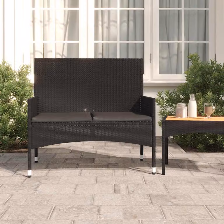 vidaXL Panca da Giardino a 2 Posti in Polyrattan e Metallo con Cuscini in Tessuto, Colore Nero