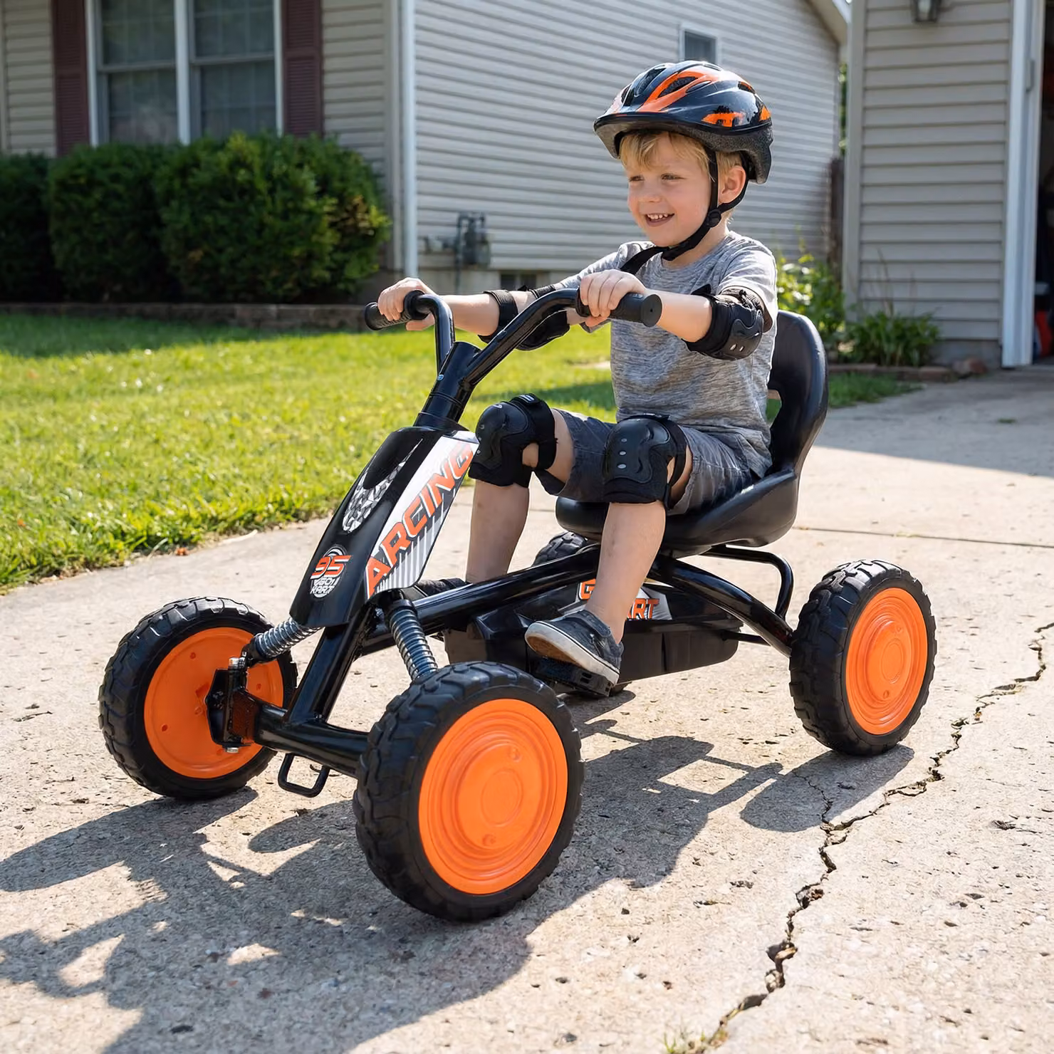 Go-kart a pedali Costway per bambini con sedile regolabile e telaio in metallo, veicolo da gioco a 4 ruote nero, portata 30 kg