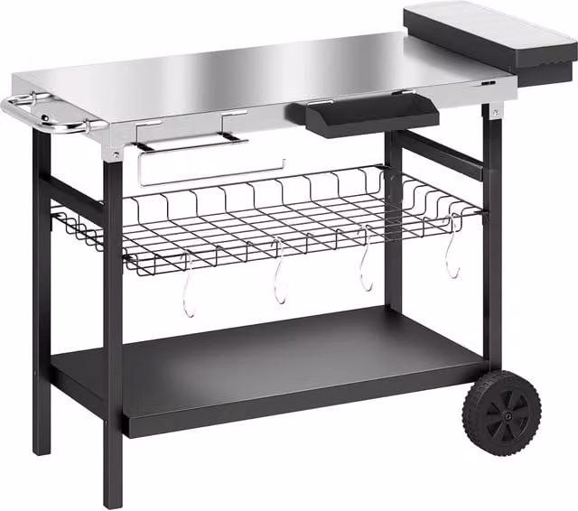 Carrello Barbecue da Esterno GIORDANOSHOP Nero con Piano in Acciaio Inossidabile, Porta Spezie, Ganci e Maniglia Laterale L/P/H: 114 x 61 x 81 cm