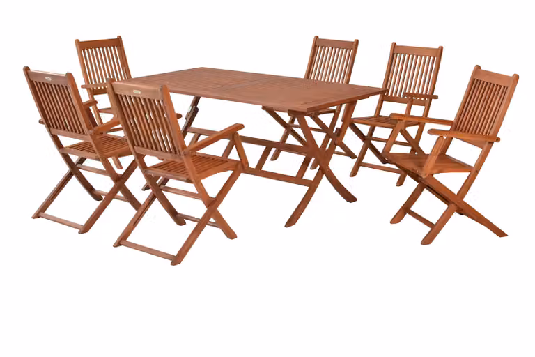 Set di mobili da giardino Merxx Rio 7 pezzi, 6 sedie pieghevoli, tavolo pieghevole 160 x 90 cm - Eucalipto