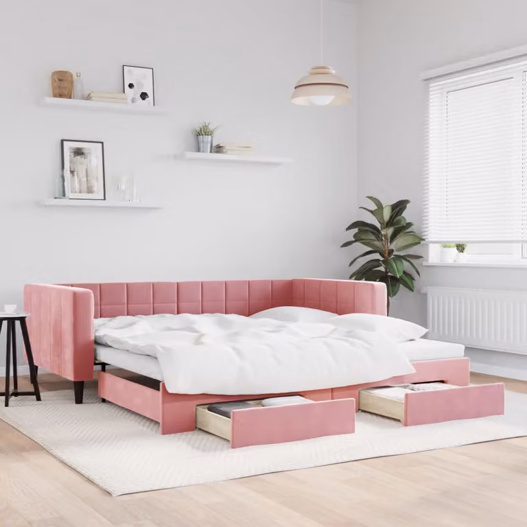 vidaXL Divano Letto Estraibile in Velluto Rosa con Cassetti L/P/H: 100 x 200 cm
