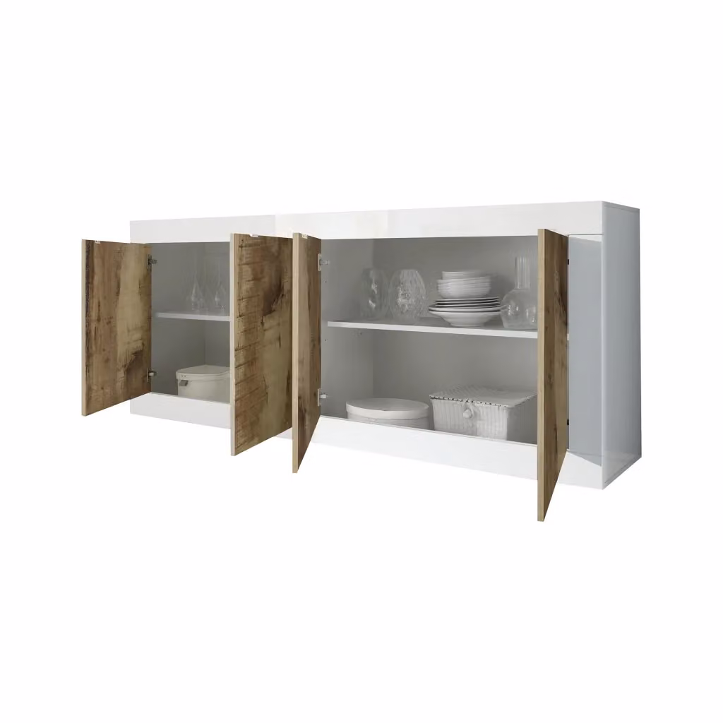 Madia Poli DMORA, Credenza moderna con 2 ripiani, L: 207 cm, P: 43 cm, H: 86 cm, Bianco Lucido – 2