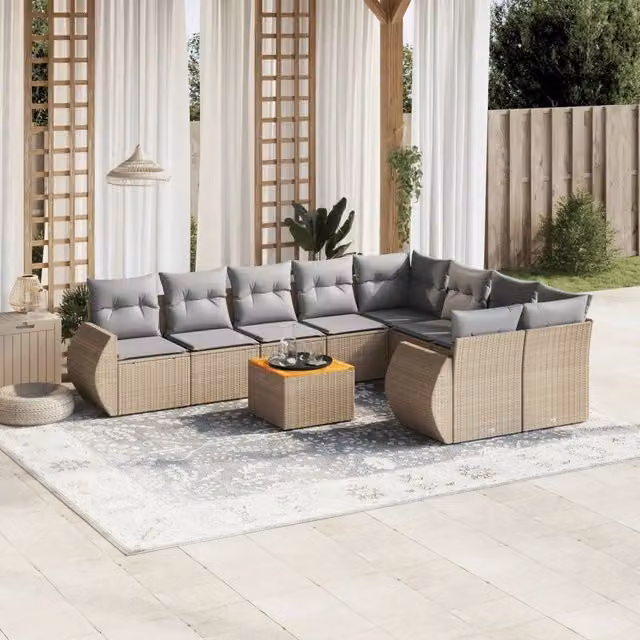 Set Divano da Giardino Moderno VIDAXL in Polyrattan con Cuscini Beige, 10 Pezzi, Forma a L – 1