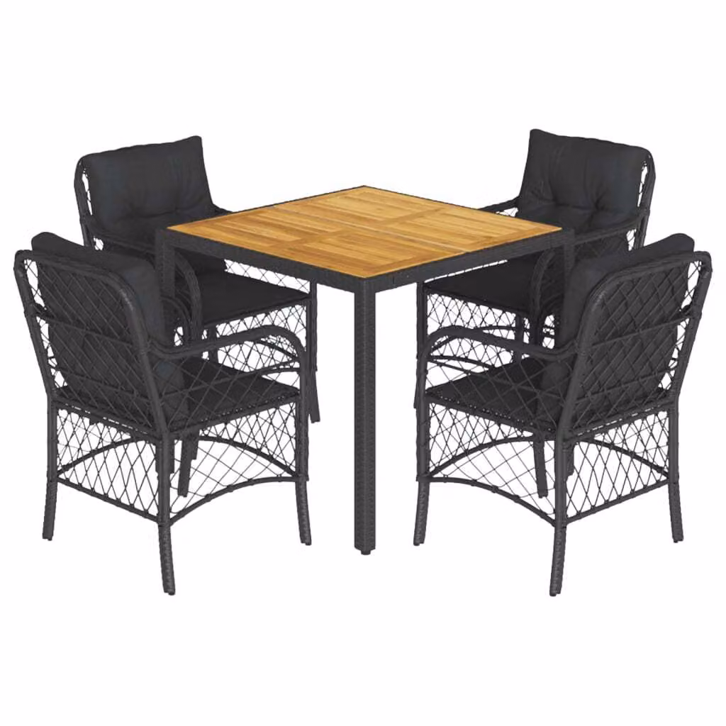 Set da Pranzo da Giardino 5 pz Nero con Cuscini in Polyrattan