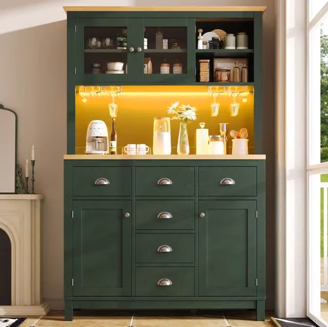 Credenza alta con LED, 4 ante e cassetti, in MDF verde, 104x40x180 cm, per cucina e soggiorno