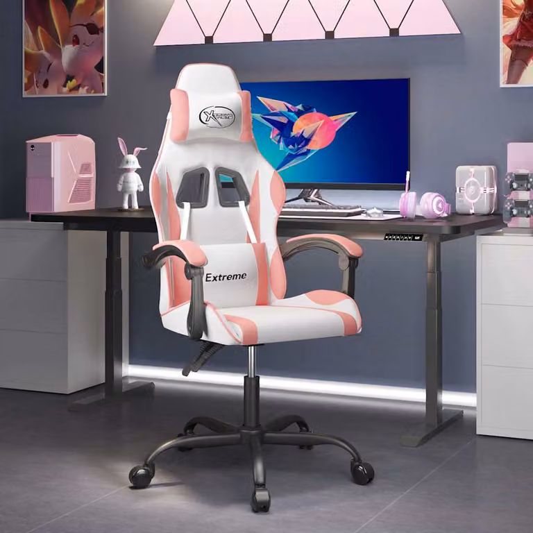 Sedia da Gaming vidaXL in Similpelle Bianco e Rosa con Poggiatesta e Ruote, Girevole a 360 Gradi
