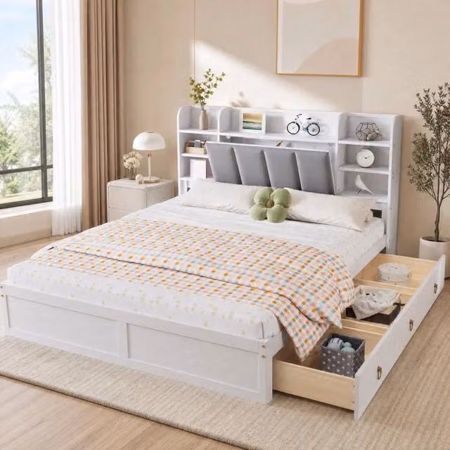 Letto matrimoniale 160x200 cm con 3 cassetti su ruote e ripiani aperti; pino e MDF; bianco