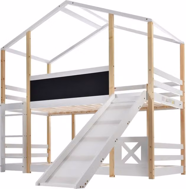 Letto a castello per bambini 90x200 cm con scivolo e scaletta, struttura in legno di pino naturale e MDF, certificato EN 747-1:2024