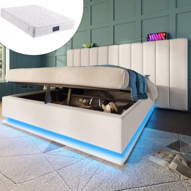Letto matrimoniale 160x200 cm con contenitore; LED e USB-C; in PU bianco; con materasso