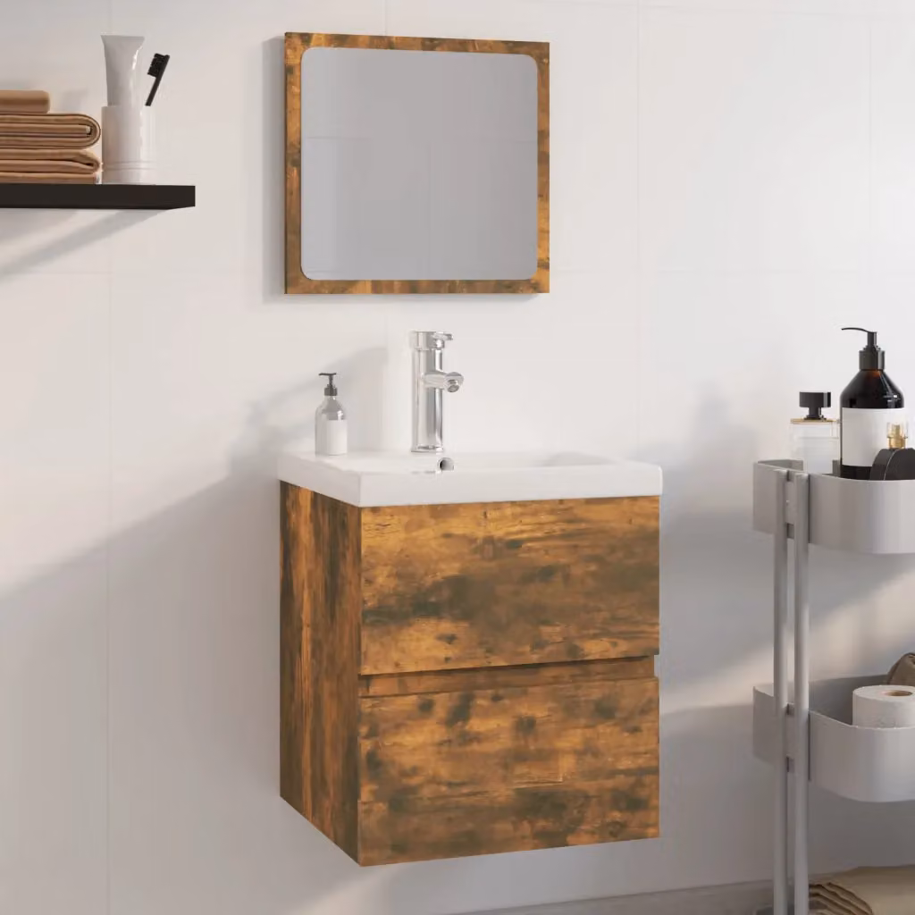 Set di mobili da bagno moderno vidaXL con mobile lavabo e armadietto specchio in legno rovere e bianco L/P/H: 45,0 x 38,5 x 41,0 cm